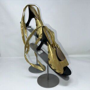 Manolo Blahnik Gold and Black ankle tie heels Size 37 / 7